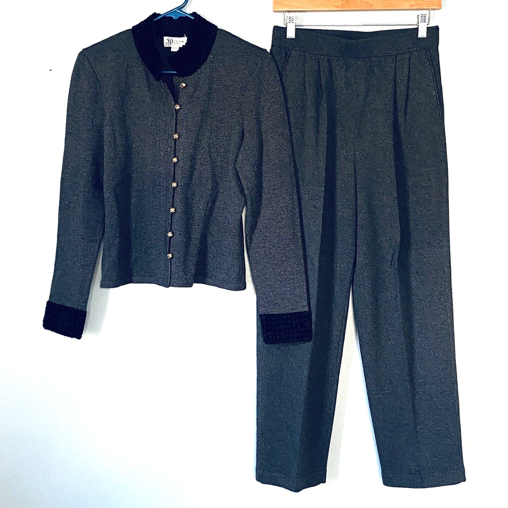 Dunollie Looms VINTAGE Pant Suit Small Gray Wool Knit Gold Buttons Pleated Retro